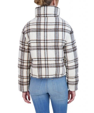 Women's Plaid Puffer Jacket White Beige $27.84 Jackets