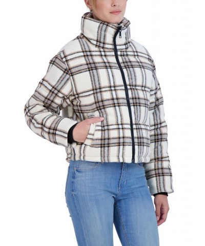 Women's Plaid Puffer Jacket White Beige $27.84 Jackets