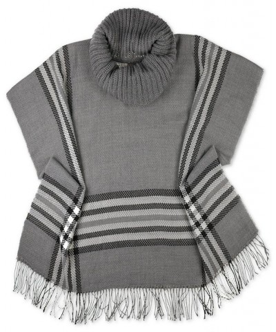 Women's Cowl-Neck Fringe-Trim Knit Plaid Poncho Gray $40.48 Sweaters