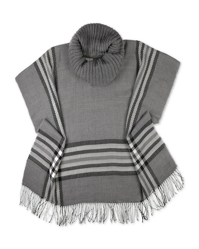 Women's Cowl-Neck Fringe-Trim Knit Plaid Poncho Gray $40.48 Sweaters
