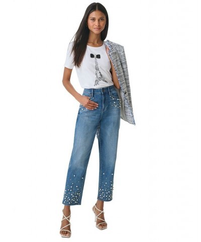 Women's Imitation Pearl Denim Jeans Coastal Blue $51.62 Jeans