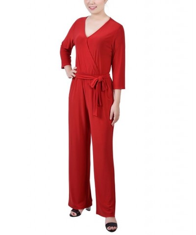 Women's 3/4 Sleeve Belted Jumpsuit Barbados Red $19.35 Pants