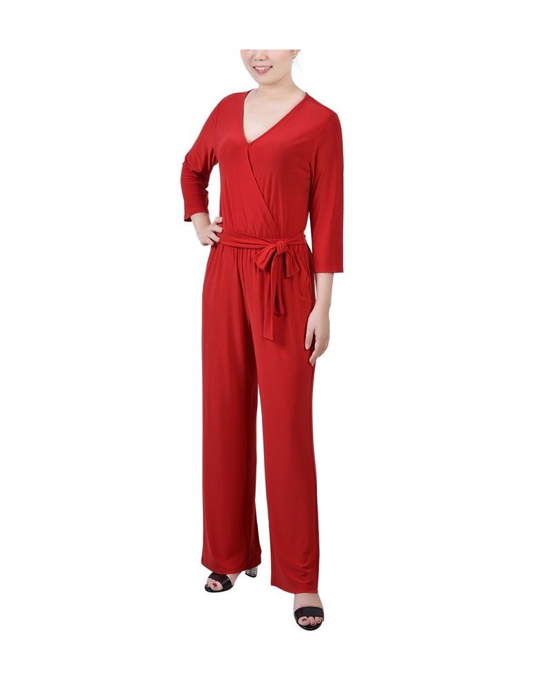 Women's 3/4 Sleeve Belted Jumpsuit Barbados Red $19.35 Pants