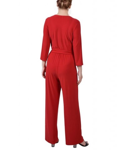 Women's 3/4 Sleeve Belted Jumpsuit Barbados Red $19.35 Pants