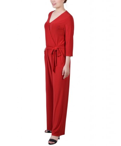 Women's 3/4 Sleeve Belted Jumpsuit Barbados Red $19.35 Pants