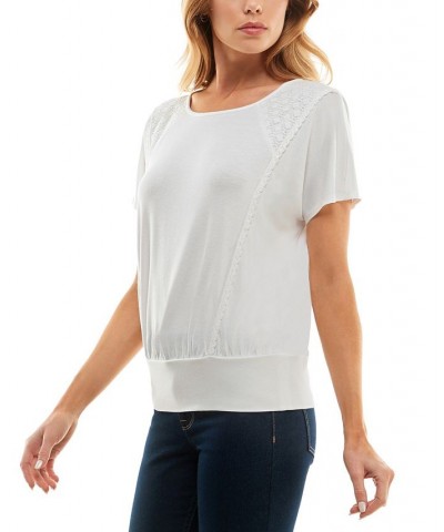 Juniors' Round-Neck Crochet Short-Sleeve Banded-Hem Top Off White $15.64 Tops