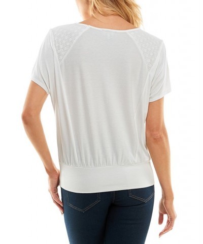 Juniors' Round-Neck Crochet Short-Sleeve Banded-Hem Top Off White $15.64 Tops