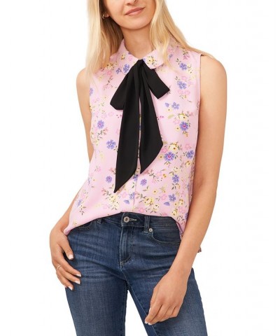 Women's Floral-Print Sleeveless Bow Blouse Pink $37.26 Tops