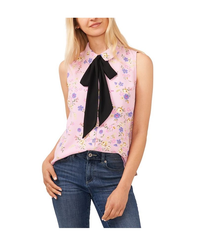 Women's Floral-Print Sleeveless Bow Blouse Pink $37.26 Tops