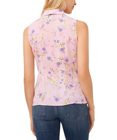 Women's Floral-Print Sleeveless Bow Blouse Pink $37.26 Tops