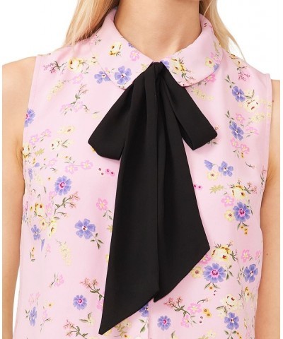 Women's Floral-Print Sleeveless Bow Blouse Pink $37.26 Tops