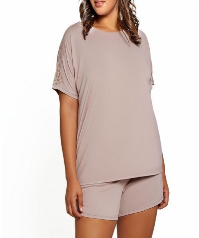 Plus Size Estelle Modal and Lace Short Sleeve Top and Short Pajama Set of 2 Blush $44.50 Lingerie