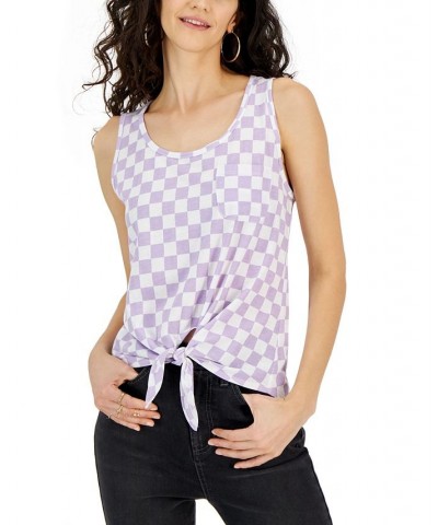 Juniors' Scoop-Neck Checkered Tie-Front Tank Top Lavender $10.44 Tops