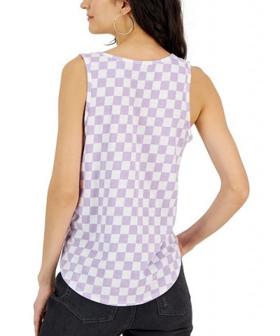 Juniors' Scoop-Neck Checkered Tie-Front Tank Top Lavender $10.44 Tops