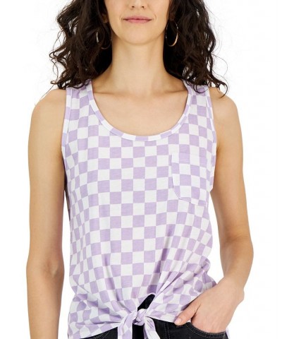 Juniors' Scoop-Neck Checkered Tie-Front Tank Top Lavender $10.44 Tops