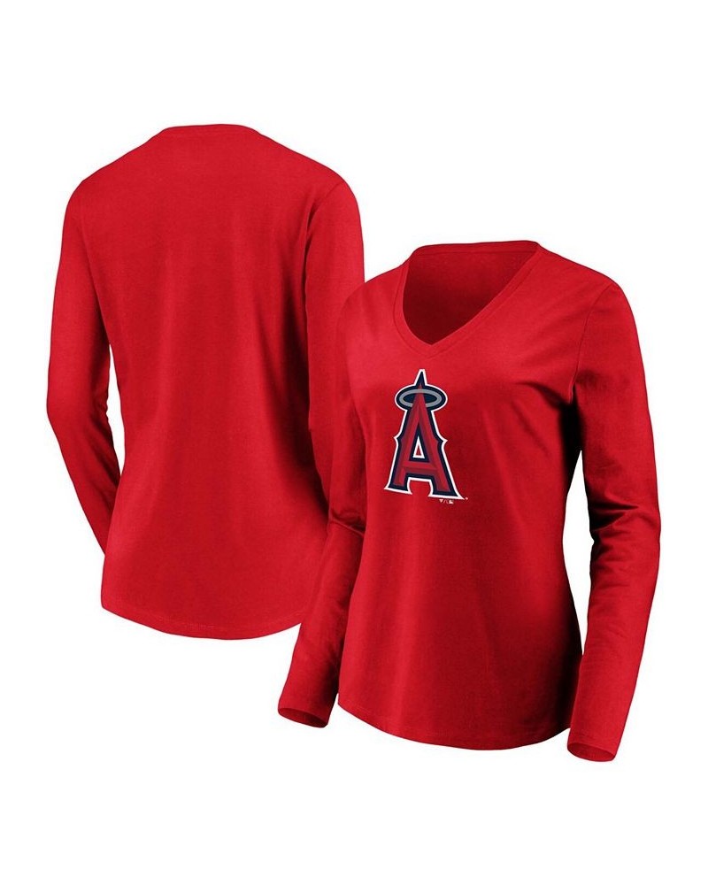 Women's Red Los Angeles Angels Official Logo Long Sleeve V-Neck T-shirt Red $23.84 Tops