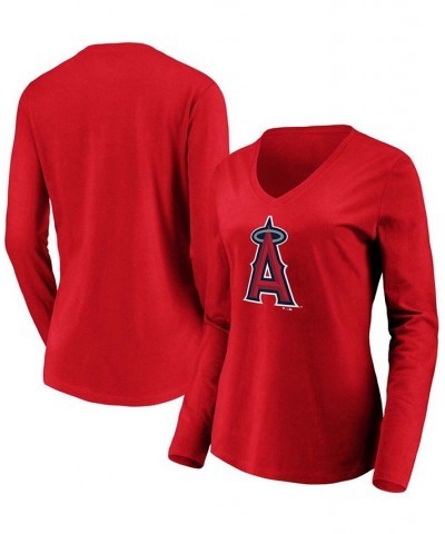 Women's Red Los Angeles Angels Official Logo Long Sleeve V-Neck T-shirt Red $23.84 Tops