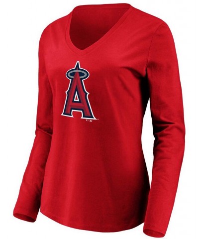 Women's Red Los Angeles Angels Official Logo Long Sleeve V-Neck T-shirt Red $23.84 Tops