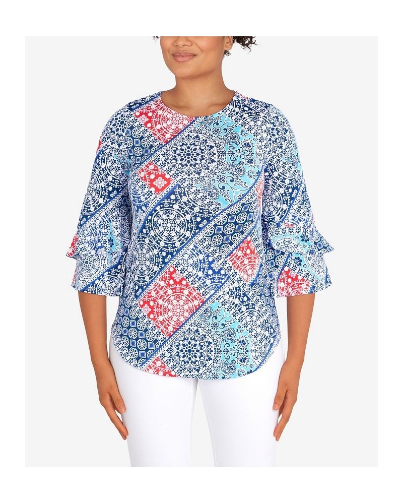 Petite Knit Bandana Puff Print Top Blue $28.29 Tops