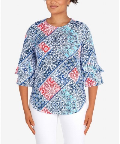 Petite Knit Bandana Puff Print Top Blue $28.29 Tops