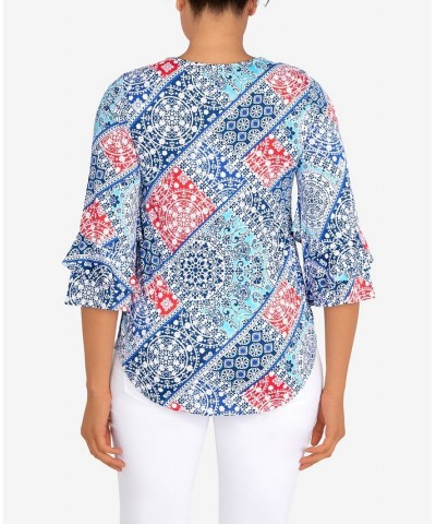 Petite Knit Bandana Puff Print Top Blue $28.29 Tops