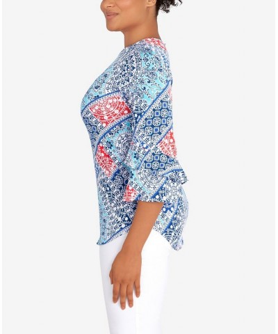 Petite Knit Bandana Puff Print Top Blue $28.29 Tops