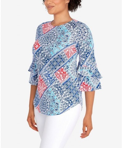 Petite Knit Bandana Puff Print Top Blue $28.29 Tops