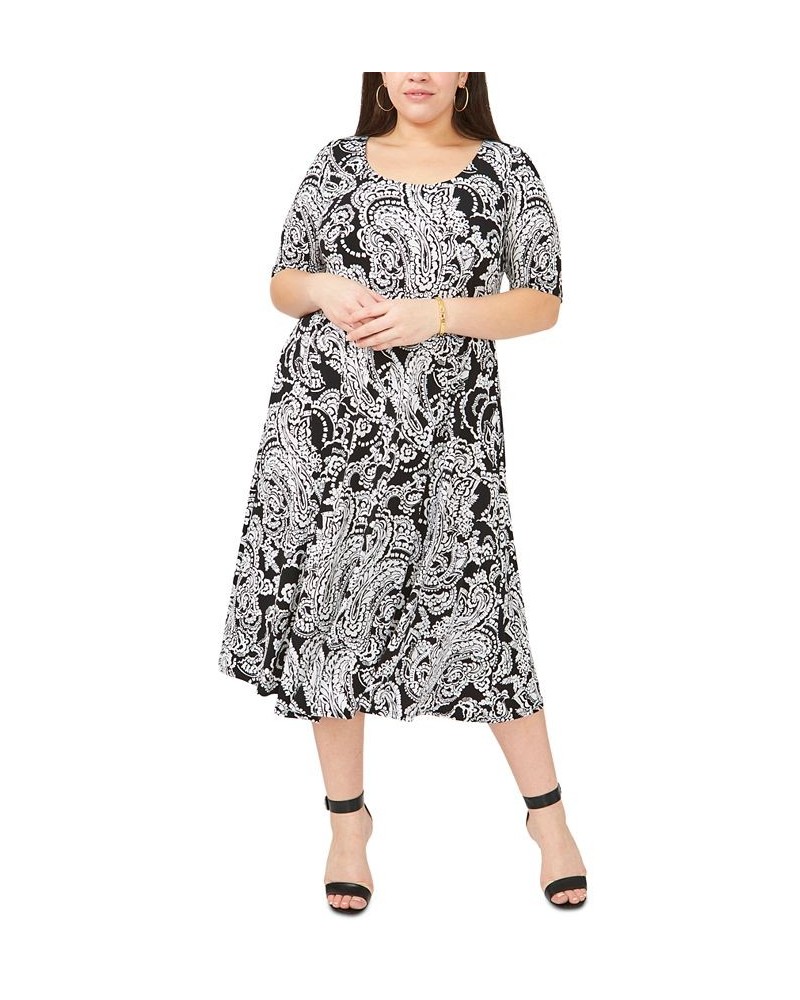 Plus Size Elbow-Sleeve Midi Dress Black/White $36.34 Dresses