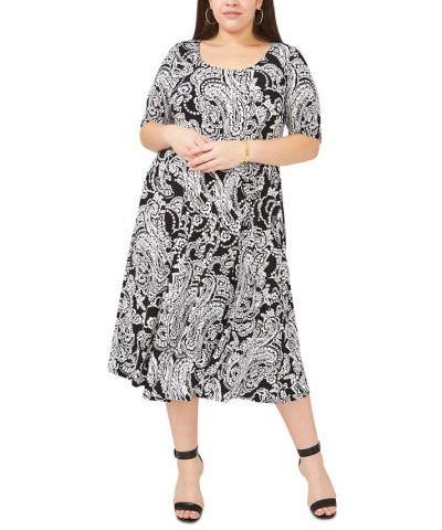 Plus Size Elbow-Sleeve Midi Dress Black/White $36.34 Dresses