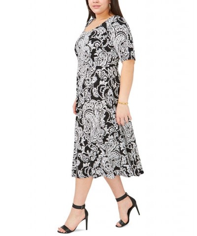 Plus Size Elbow-Sleeve Midi Dress Black/White $36.34 Dresses