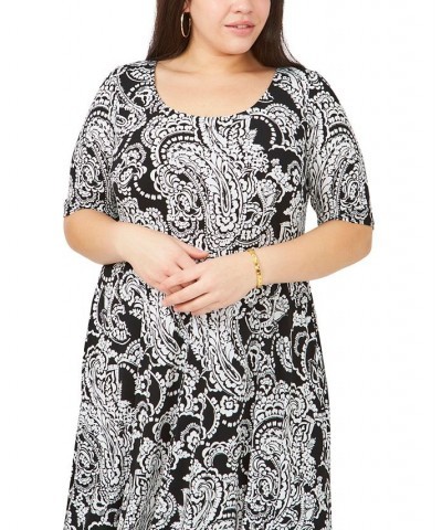 Plus Size Elbow-Sleeve Midi Dress Black/White $36.34 Dresses