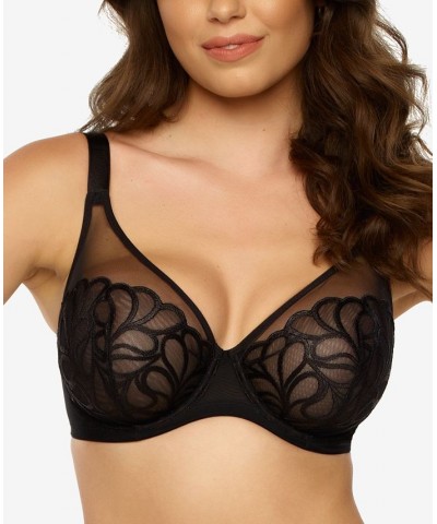 Women's Lotus Embroidered Unlined Underwire Bra Black $16.09 Bras