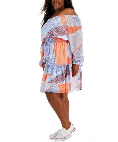 Plus Size Patchwork-Print Off-The-Shoulder Dress Sky Blue/Bloom $53.78 Dresses