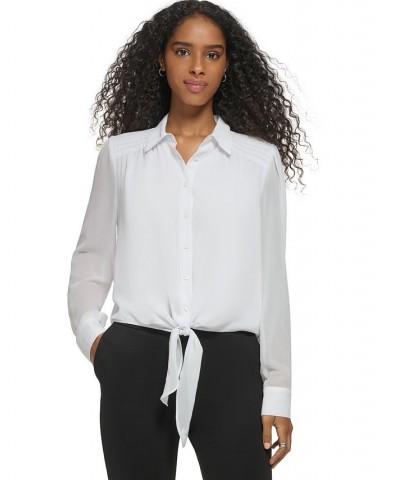 Women's Long Sleeve Tie Front Button Down Blouse White $31.85 Tops