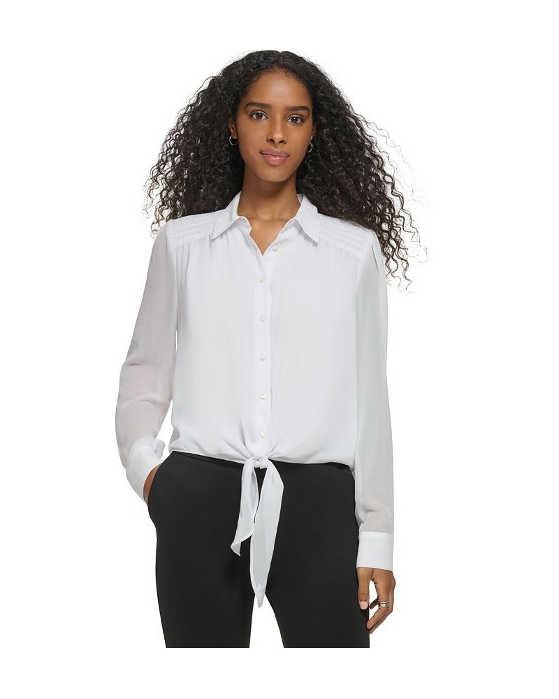 Women's Long Sleeve Tie Front Button Down Blouse White $31.85 Tops
