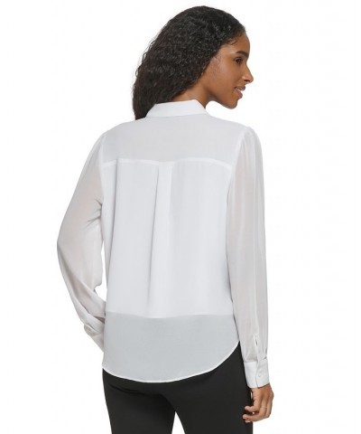 Women's Long Sleeve Tie Front Button Down Blouse White $31.85 Tops