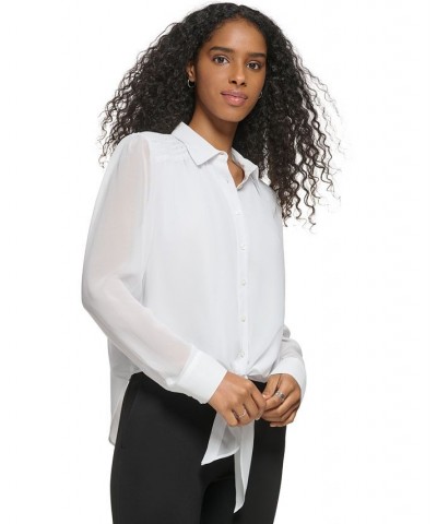 Women's Long Sleeve Tie Front Button Down Blouse White $31.85 Tops