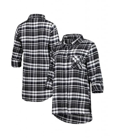 Women's Black Silver Las Vegas Raiders Mainstay Flannel Full-Button Long Sleeve Nightshirt Black $33.14 Pajama