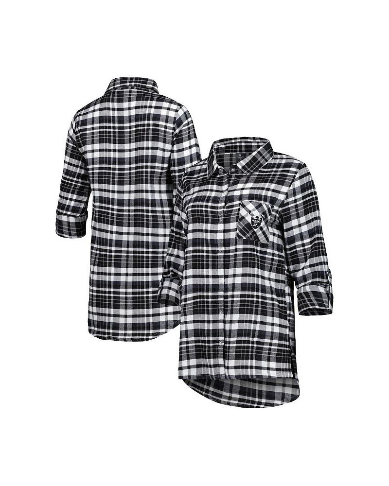Women's Black Silver Las Vegas Raiders Mainstay Flannel Full-Button Long Sleeve Nightshirt Black $33.14 Pajama