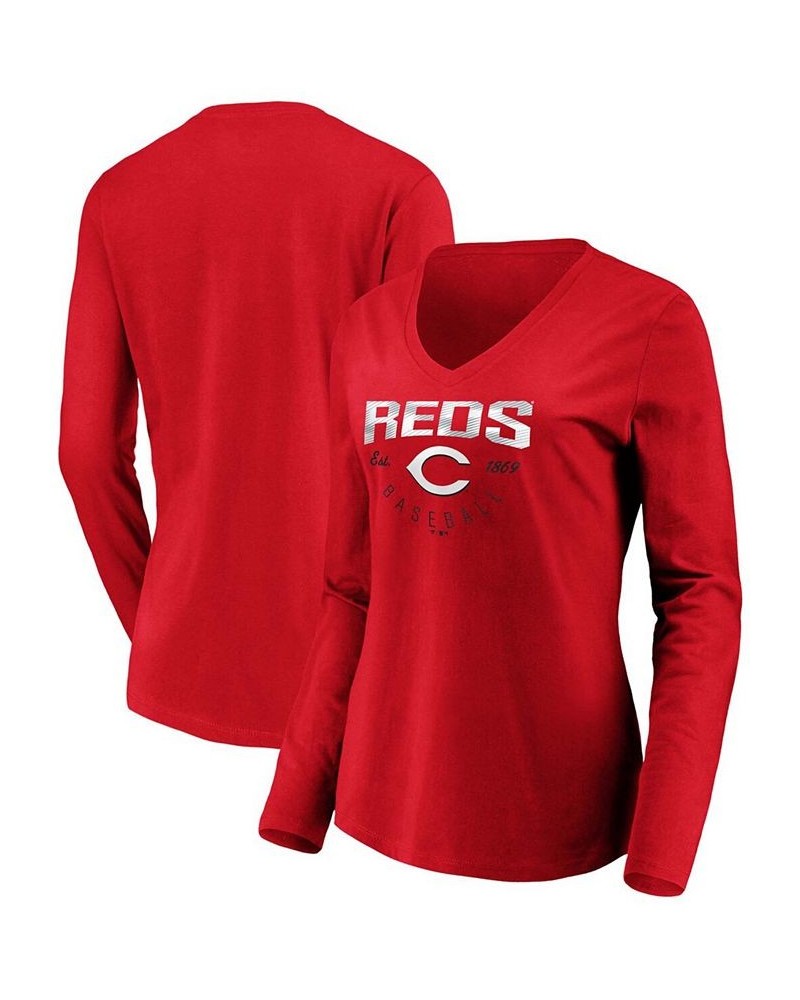 Women's Red Cincinnati Reds Core Live For It V-Neck Long Sleeve T-shirt Red $25.19 Tops