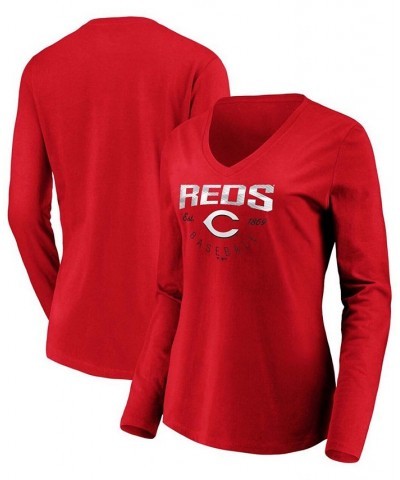 Women's Red Cincinnati Reds Core Live For It V-Neck Long Sleeve T-shirt Red $25.19 Tops