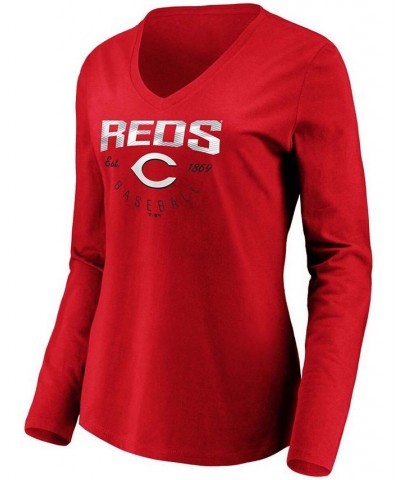 Women's Red Cincinnati Reds Core Live For It V-Neck Long Sleeve T-shirt Red $25.19 Tops