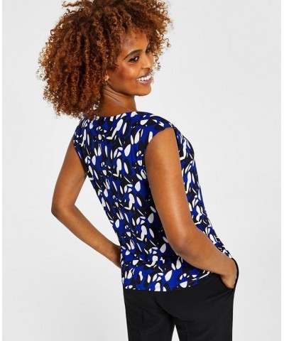 Women's Printed Twist-Neck Blouse Royal Blue/White Combo $28.91 Tops