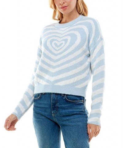 Juniors' Eyelash Fuzzy Heart Crewneck Sweater Blue/White $14.32 Sweaters