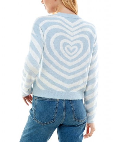 Juniors' Eyelash Fuzzy Heart Crewneck Sweater Blue/White $14.32 Sweaters