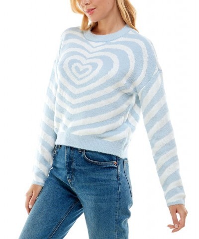 Juniors' Eyelash Fuzzy Heart Crewneck Sweater Blue/White $14.32 Sweaters