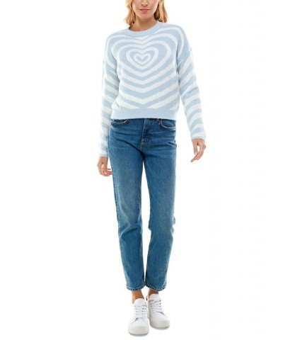 Juniors' Eyelash Fuzzy Heart Crewneck Sweater Blue/White $14.32 Sweaters