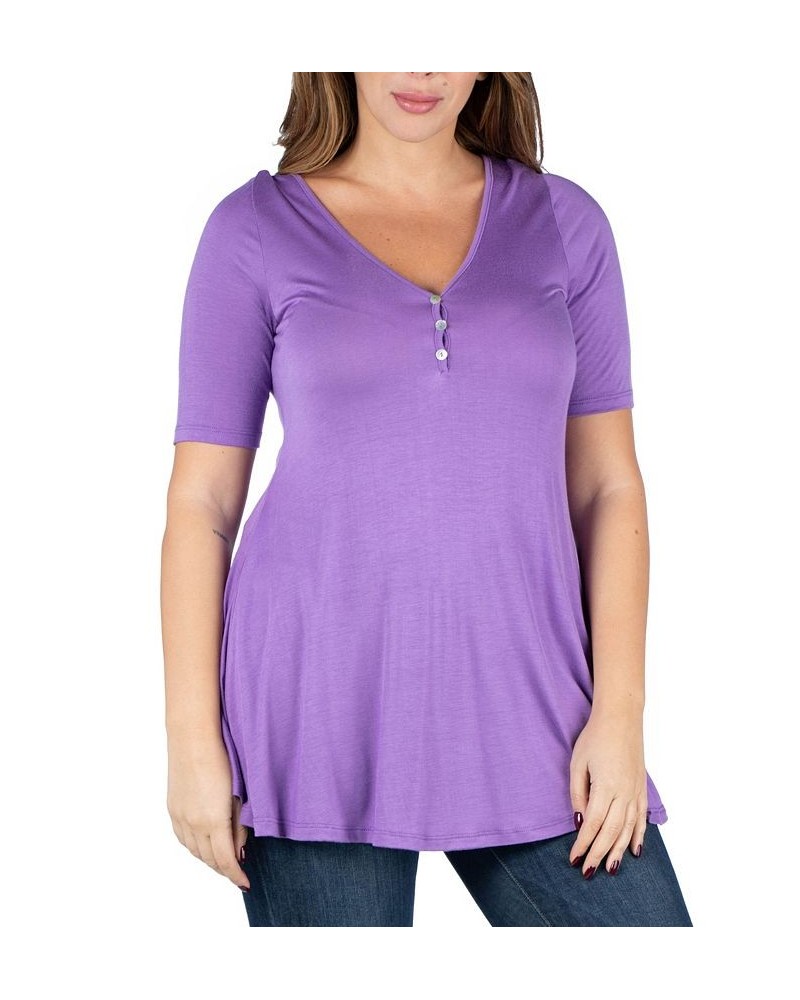 Plus Size Elbow Sleeve Henley Tunic Top Purple $32.56 Tops