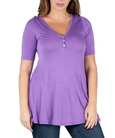 Plus Size Elbow Sleeve Henley Tunic Top Purple $32.56 Tops