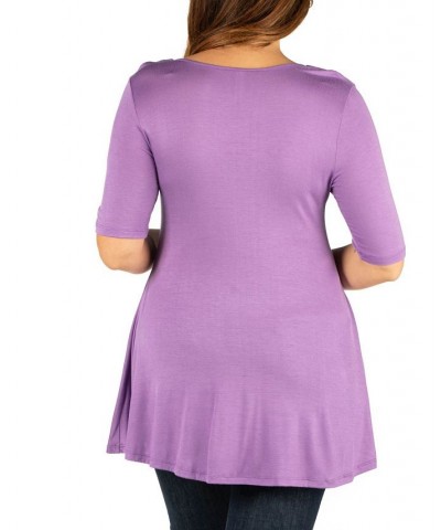 Plus Size Elbow Sleeve Henley Tunic Top Purple $32.56 Tops